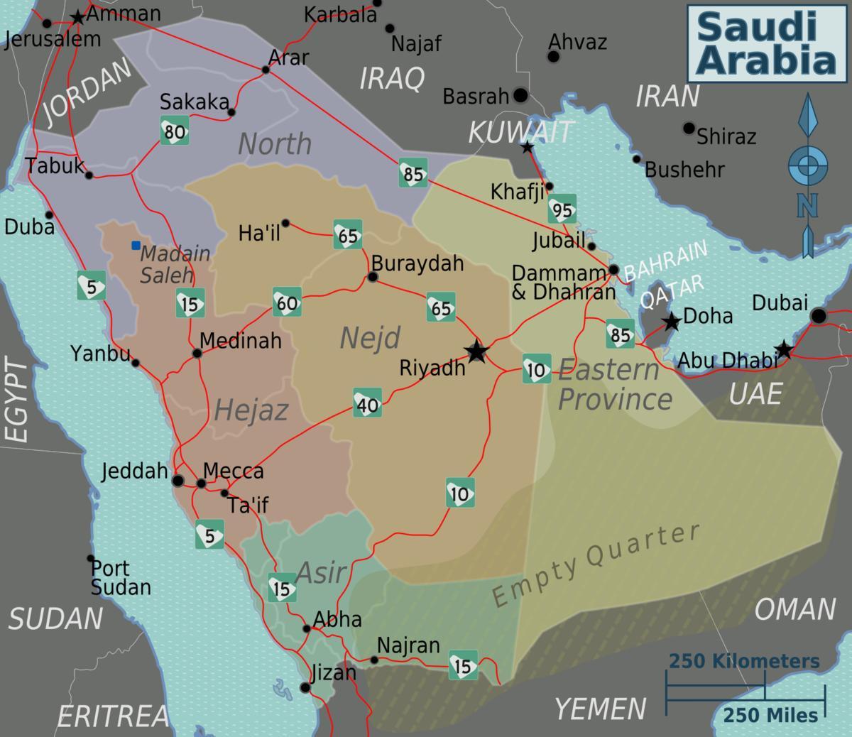 Kartta Saudi-Arabian kaupungeissa etäisyys