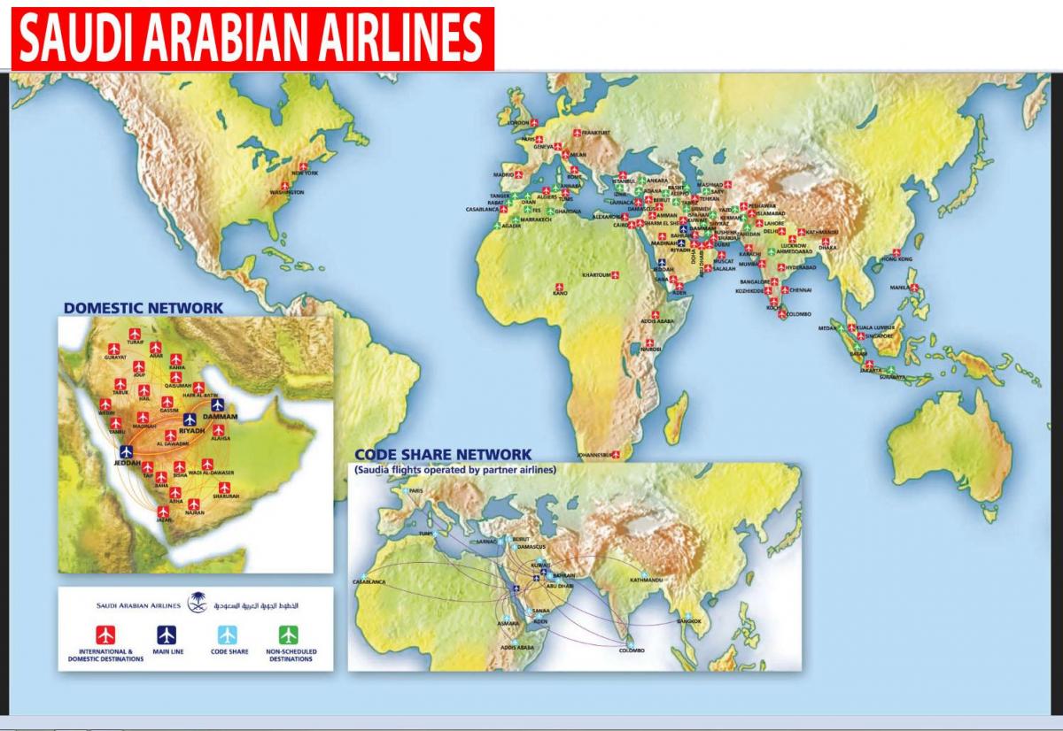 Kartta Saudi-Arabian airlinesin reitti