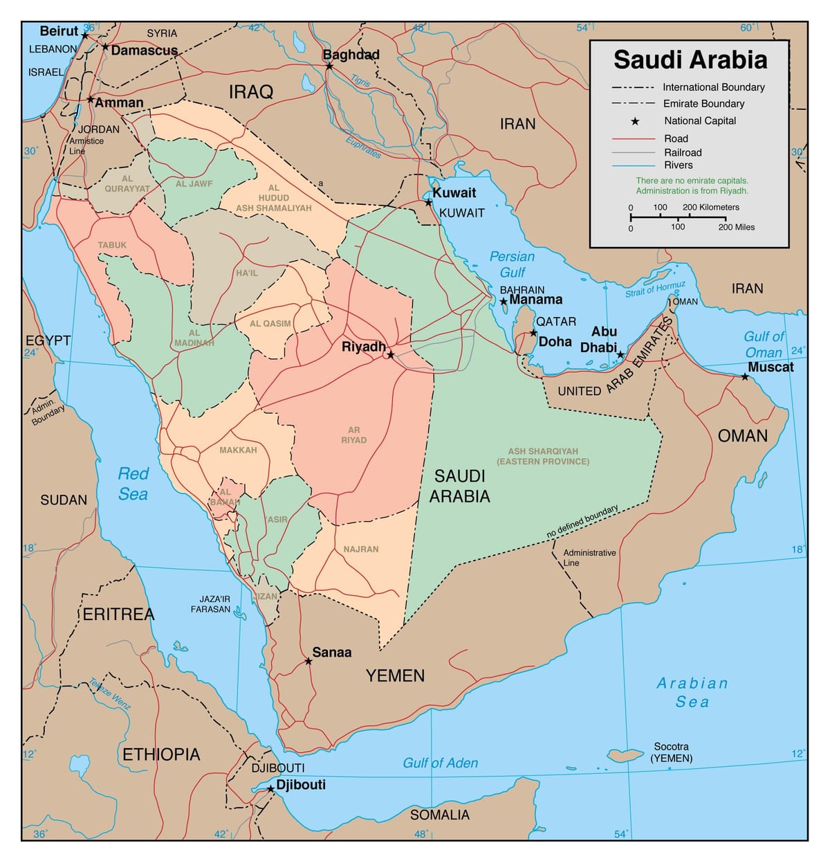 Kartan ääriviivat Saudi-Arabia naapurimaiden kanssa