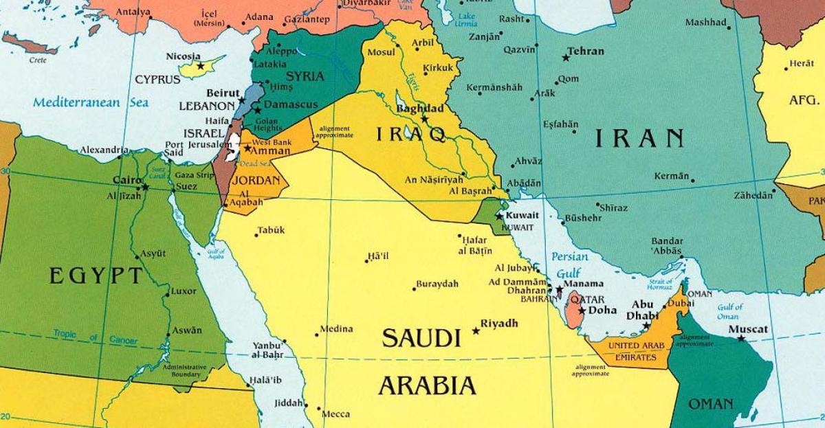Kartta Saudi-Arabia ja naapurimaiden - Kartta Saudi-Arabia ympäröivien  maiden (Länsi-Aasia - Aasia)