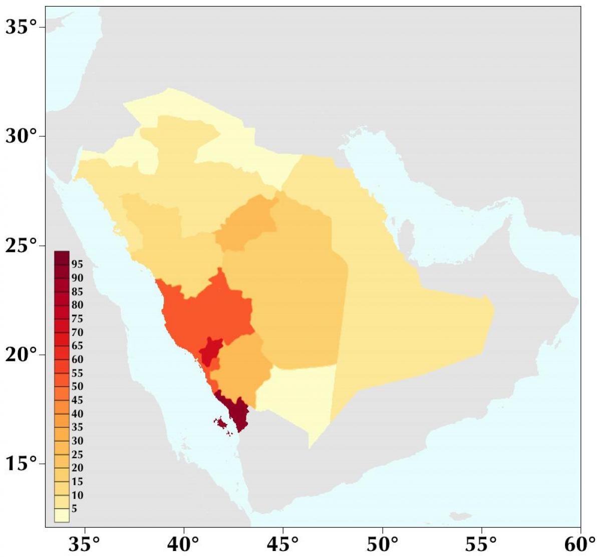 Saudi-Arabian väestöstä kartta - Saudi-Arabia asukastiheys kartta  (Länsi-Aasia - Aasia)